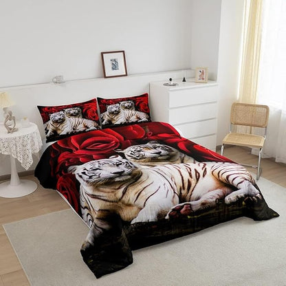 Tiger Comforter Set King, Red Rose Comforter Kids Girls Women,Red Image Of Large Cat Playing with Water Cool Nature Animal Quilted Duvet Insert Gorgeous Floral Flower Bedding Comforters,Brown