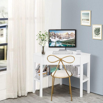 Nightcore Small, Wood Computer Desk, Compact Writing w/Drawer & Storage Shelves, Space Saving Study Workstation, Laptop PC Corner Table, White