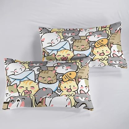 Kawaii Cat Comforter Queen Size,Cute Cat Comforter Set for Kids Teens Girls,3Pcs Bedding Set Printed Comforter with 2 Pillowcases,Down Alternative,Soft and Lightweight，Queen Size