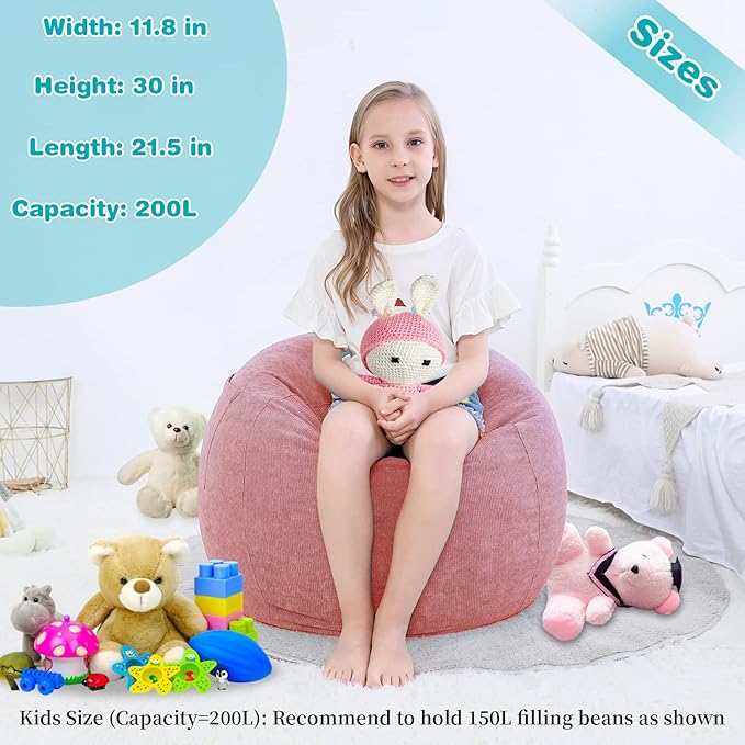 Stuffed Animal Storage Bean Bag Chair Cover (No Filler) for Kids and Adults.Soft Premium Corduroy Stuffable Beanbag for Organizing Children Plush Toys or Memory Foam Small 100L (Pink)