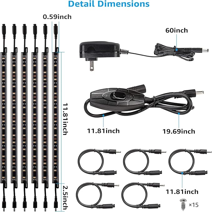 TORCHSTAR LED Safe Lighting Kit, (6) 12 Inch Linkable Light Bars + Rocker Switch + UL Power Adapter, 900LM, Input 100-240V, for Under Cabinet Gun Safe Locker Closet Showcase, 3000K Warm White