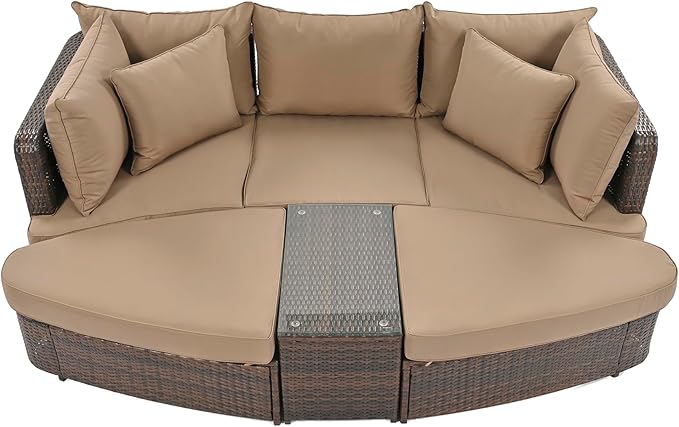 6-Piece Patio Round Sofa Set Rattan Daybed with Coffee Table and Cushions, Outdoor Furniture Conversation Sectional Seating Group for Garden, Poolside, Backyard, Brown