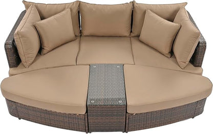 6-Piece Patio Round Sofa Set Rattan Daybed with Coffee Table and Cushions, Outdoor Furniture Conversation Sectional Seating Group for Garden, Poolside, Backyard, Brown