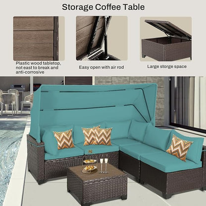 6 PCS Outdoor Patio Furniture Set,Sectional Sofa Set,Rattan Daybed with Retractable Canopy,Adjustable Backrest,Storage Coffee Table,Chaise Chair Sunbed for Garden Poolside Backyard(Walnut Green)