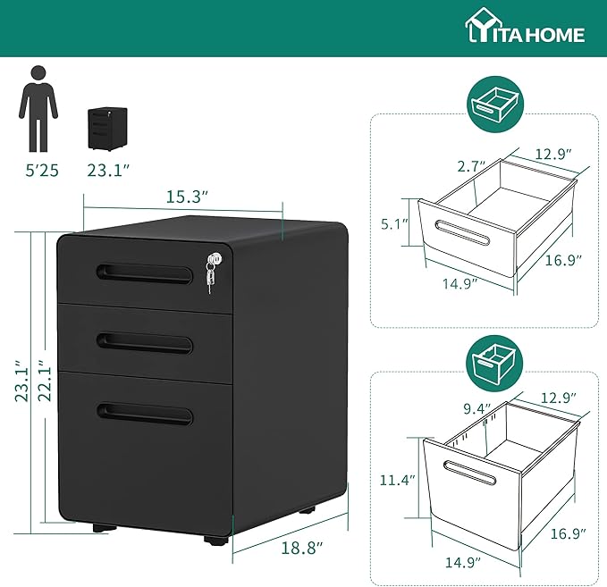 YITAHOME 3-Drawer Metal Mobile File Cabinet, Rolling Filing Cabinet with Lock, Filing Cabinet Under Desk fits Legal/A4 Size for Home/Office, Fully Assembled,Black