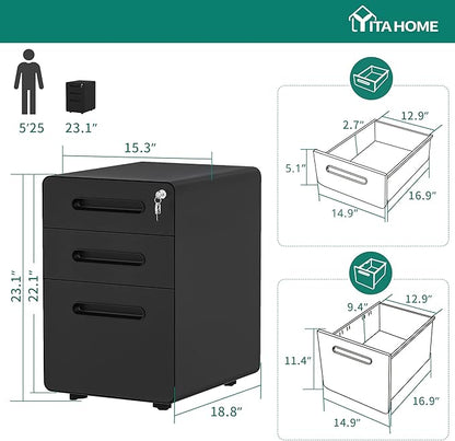 YITAHOME 3-Drawer Metal Mobile File Cabinet, Rolling Filing Cabinet with Lock, Filing Cabinet Under Desk fits Legal/A4 Size for Home/Office, Fully Assembled,Black