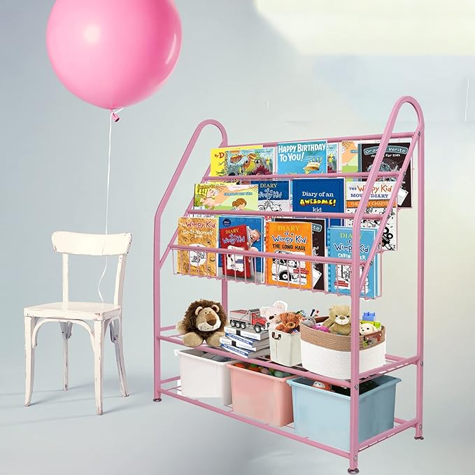 aboxoo Metal Kids Bookshelf Pink Bookcase Freestanding for Children Girls Room 32 inches Large Toddler Pink Stable Bookcase Bookstore Library Book Unit Storage
