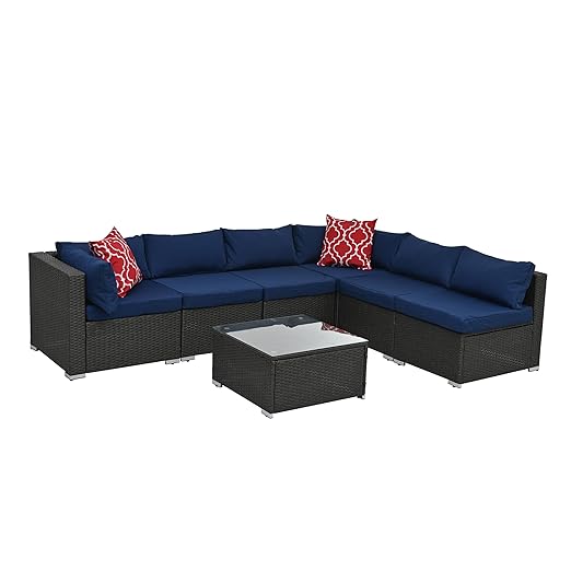 7 Piece Patio, Outdoor Furniture Sectional Sofa Rattan Wicker Conversation Set with Coffee Table and Water-resistant Cushion for Backyard Porch Balcony, B-Dark Gray d