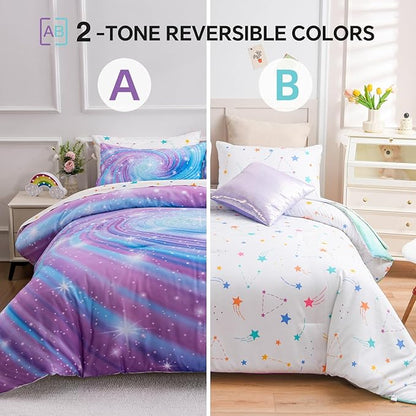 Btargot Super Soft 6 Pieces Gradient Star Ring Comforter Set, Colorful Glitter Rainbow Star Pattern Bedding Set for Boys Girls Teens, Full Purple