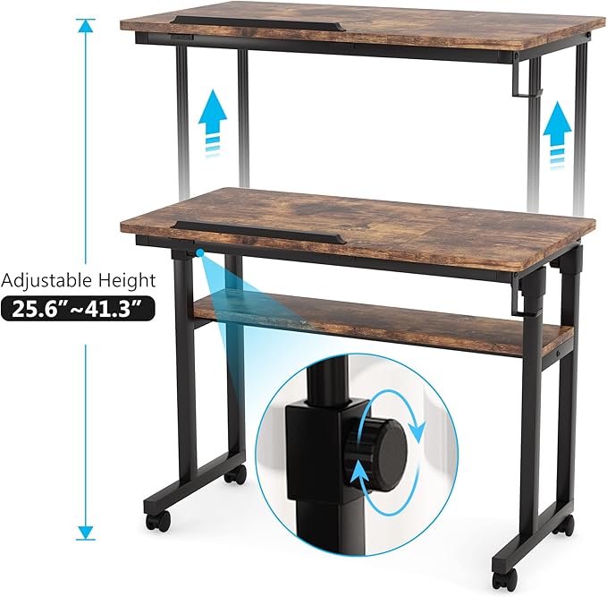 Small Portable Rolling Computer Desk Height Adjustable Standing Table, Brown