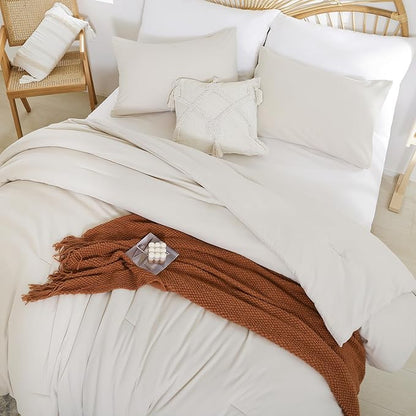 Beige Comforter Queen Size 3PCS Bed Comforter with 2 Pillowcases - Ligtweight Soft Solid All Season Queen Comforter Bed Set - Boho Aesthetic Bedding Set for Men and Women