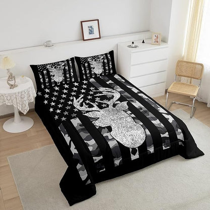American Flag Bedding Set Deer Camo Comforter Set King for Kids Boys Teen Man,Western Rustic Black Grey Military Camouflage Bedding Comforters Hunting Deer Antlers Quilt Duvet for All Season 3 Pcs