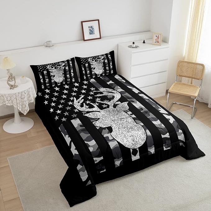 American Flag Bedding Set Deer Camo Comforter Set Full For Kids Boys Teen Man,Western Rustic Black Grey Military Camouflage Bedding Comforters Hunting Deer Antlers Quilt Duvet For All Season 3 Pcs