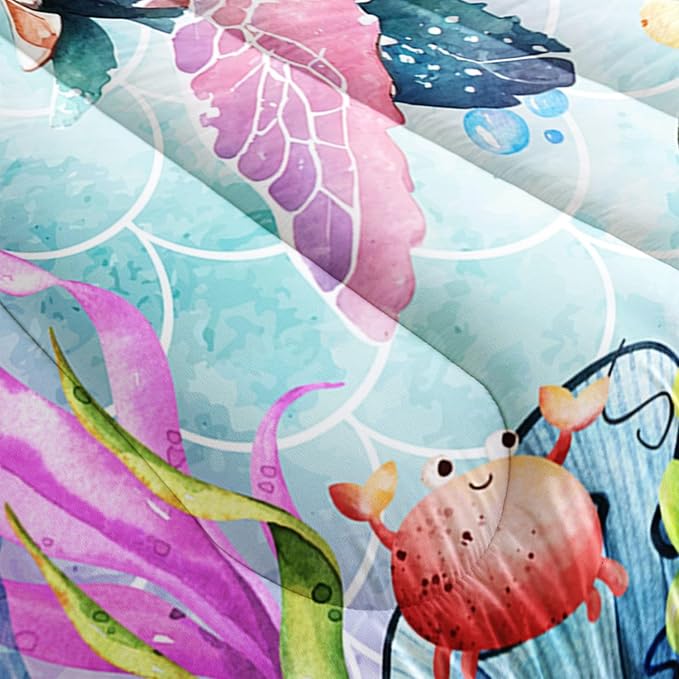 Datura home Kids Comforter Set Mermaid Scale Turtle Printed Pattern Bedding Set with 1 Comforter and 2 Pillowcases for Girls Boys Bedroom All Season(Turtle Twin)
