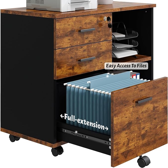 Wood File Cabinet, 3 Drawer Mobile Lateral Filing Cabinet On Wheels, Printer Stand with Open Storage Shelves for Home Office (Wood)