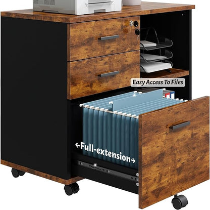 Wood File Cabinet, 3 Drawer Mobile Lateral Filing Cabinet On Wheels, Printer Stand with Open Storage Shelves for Home Office (Wood)