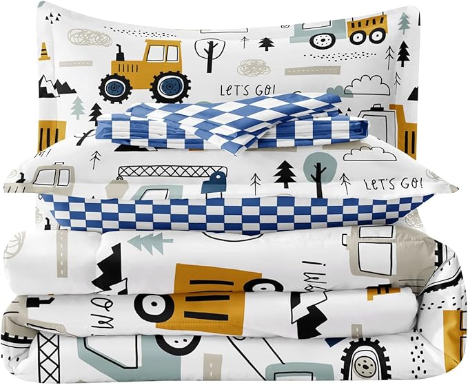 5-Pcs Construction Full Size Boys Bedding Set, Kids Comforter Set for Teens w/Sheets and Pillowcase, Soft Cartoon Tractor Cars Bed in a Bag Sets