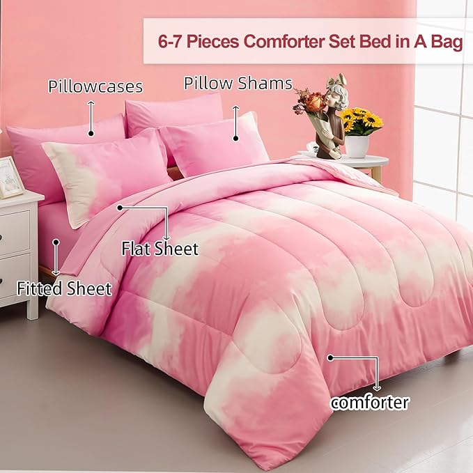 Dinjoy Girls Comforter Set Full Size Colorful Rainbow Ombre Pink Bedding Set Gradient Soft Lightweight 7 Pieces Bed in A Bag for Kids Teen Women(1 Comforter, 1 Flat Sheet, 1 Fitted Sheet)