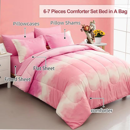 Dinjoy Girls Comforter Set Full Size Colorful Rainbow Ombre Pink Bedding Set Gradient Soft Lightweight 7 Pieces Bed in A Bag for Kids Teen Women(1 Comforter, 1 Flat Sheet, 1 Fitted Sheet)