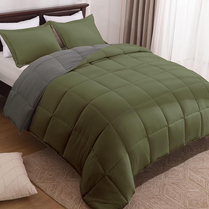 Basic Beyond King Size Comforter Set - Fluffy King Bed Comforter Set for All Seasons - Reversible Olive Green King Size Comforter Set - 3 Pieces (1 Comforter + 2 Pillow Shams) - Olive Green/Drak Gray