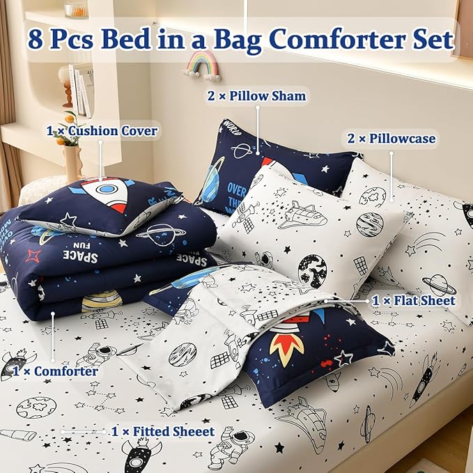 Rocket Comforter Set Full Size, 8 Piece Bed in a Bag Space Bedding Sets for Boys Girls Kids