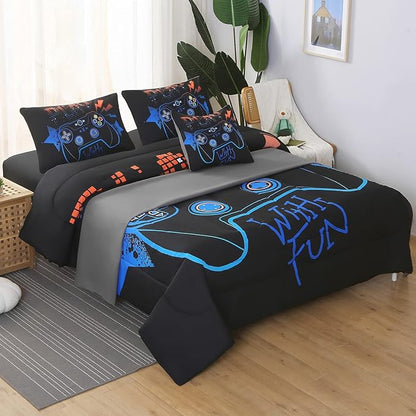 JQinHome Full Gaming Comforter Sets for Boys,6 Piece Bed in A Bag 3D Video Game Bedding -All Season Soft Microfiber Gamer Bedding Sets for Kids,Pillowcase, Flat Sheet, Fitted Sheet,Cushion Cover
