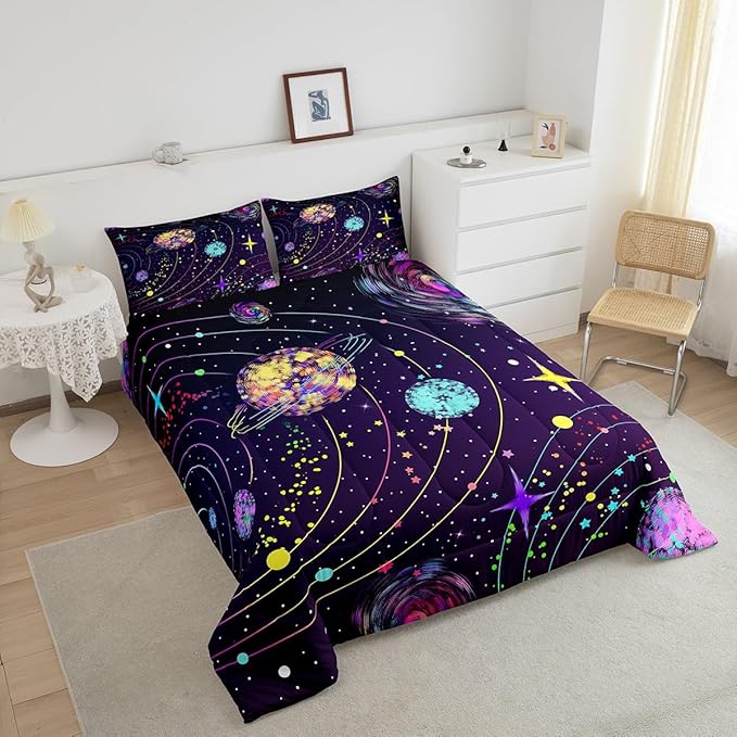 Feelyou Solar System Comforter Set Twin Size Outer Space Comforter for Kids Teens Adults Universe Planets Bedding Set Cute Astronaut Purple Duvet Set Room Decor 2Pcs with 1 Pillow Case