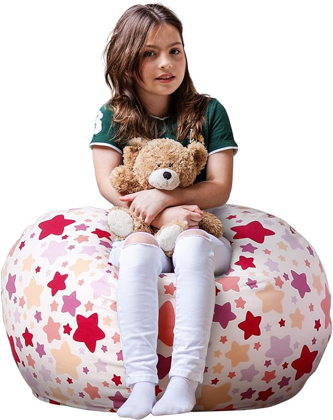 Wekapo Stuffed Animal Storage Bean Bag Chair Cover for Kids | Stuffable Zipper Beanbag for Organizing Children Plush Toys Large Premium Cotton Canvas (Large star, X-Large)