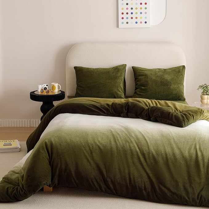 Wellboo Army Green Gradient Comforter Sets Twin Green White Fluffy Bedding Comforters Modern Gradient Dark Green Flannel Quilts Farmhouse Abstract Art Watercolor Comforters Sherpa Fuzzy Plush Bedding