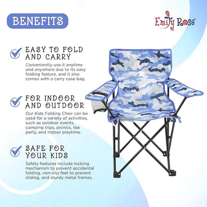 Emily Rose Kids Folding Chair | Beach Chair with Safety Lock- Camping Chair for Boyos Girls Toddler with Cup Holder & Carry Case- Tailgate, Travel, Lawn- for Indoor & Outdoor (Blue Camo)