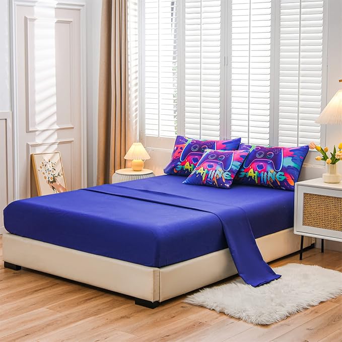 Aimuan Gaming Comforter Sets for Boys Kids Bedding Sets Video Games Console Action Buttons Novelty Colorful Game Gamepad Controller Modern Gamer Room Decor Home Quilt Set (Twin 6 Pcs,Purple)