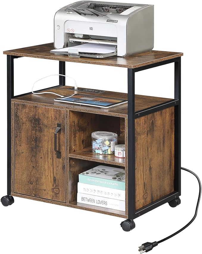 Lateral File Cabinet,Office Filing Cabinets with Socket and USB Charging Port,Modern Rolling Printer Stand with Storage for A4, Letter Size and File Folders,for home office, Rustic Brown