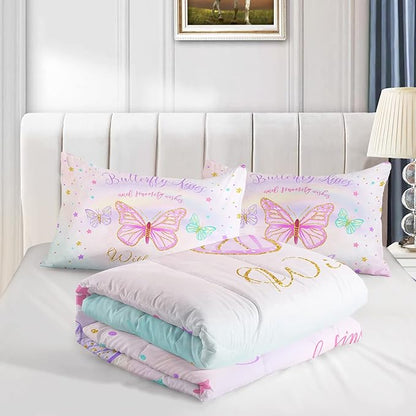 CVHOUSE Butterfly Bedding Set,Butterfly Comforter Queen,Butterfly Comforter Set for Girls Kids Teens,Butterflies Quilt Set with 1 Comforter and 2 Pillow Cases- 3 Piece