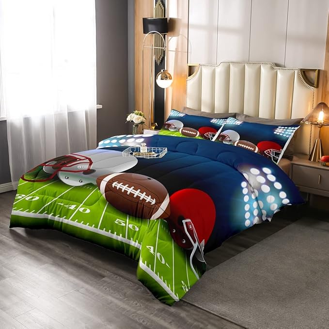 American Football Comforter Set Queen,Boys Ball Games Sports Bedding Set Football Helmet Field Down Comforter For Kids Teens Sport Theme Bedroom,Soft Microfiber Quilt Duvet Sets With 2 Pillow Cases