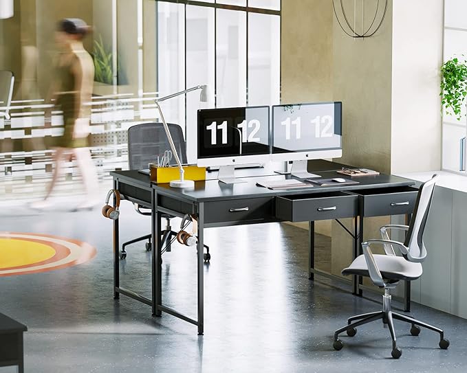 ODK 55 Inch Computer Desk with 3 Cloth Drawers for Home Office, Vanity Desk with Storage and Hook for Bedroom, Work Desk, Study Writing Table, Black