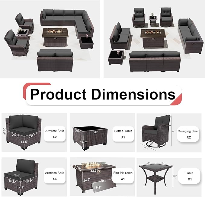 Patio Furniture Sectional Sofa Set 13-Pieces PE Rattan Swivel Rocking Chairs Patio Conversation Set w/43in Gas Fire Pit Table, Outdoor Furniture with 55000 BTU Propane Fire Pit, Grey