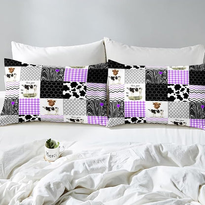 Erosebridal Cute Cow Print Comforter Set King Size Kawaii Highland Cow Bedding Set Bedroom Decor Honeycomb Plaid Pattern Geometric Stripes Down Comforter Farm Animals Duvet Set, Purple Black Grey