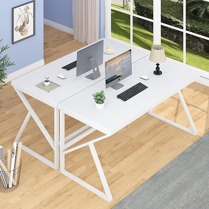 HSH White Desk, Modern Home Office PC Laptop Desk, Large Industrial Metal Wood Desk for Executive Writing Work Study Gaming, Long Student Computer Table for Bedroom Living Room, White Oak, 60 Inch
