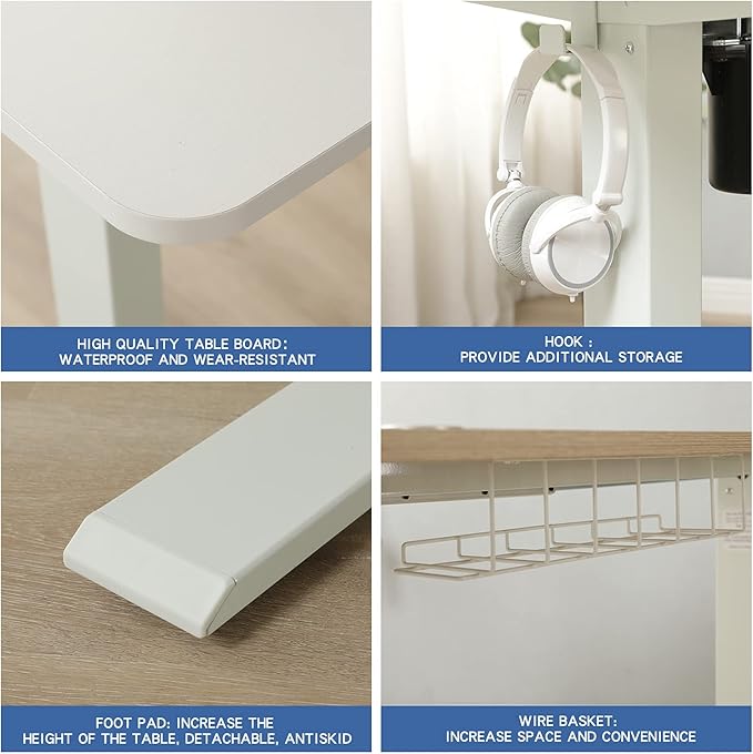 Adjustable Height Electric Standing Desk - 63 x 30 Inch Sit Stand Computer Desk with Splice Board, Stand Up Desk Table for Home Office, White Frame/White and Oak Top