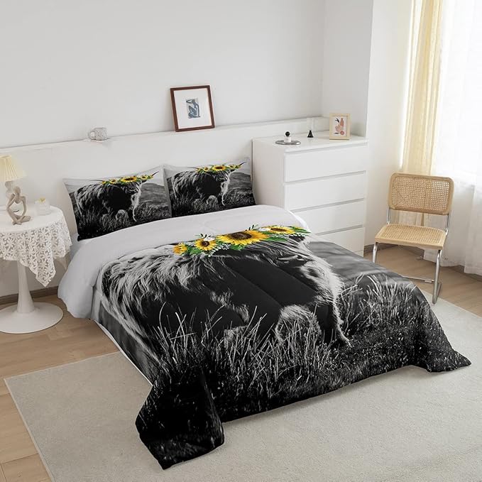 Highland Cow Comforter Set Adult Women Sunflower Cow Print Down Comforter Full Size for Boy Men Bull Cattle with Grey Fur Quilted Duvet Bedroom Decorative Wildlife Farmhouse Cow Bedding Comforters
