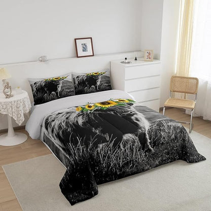 Highland Cow Comforter Set Twin Size Bull Cattle Flower Down Comforter Yellow Sunflower Western Funny Animal Cow Print Quilted Duvet Wild Animal Farmhouse Cow Bedding Comforters, with 1 Pillowcase