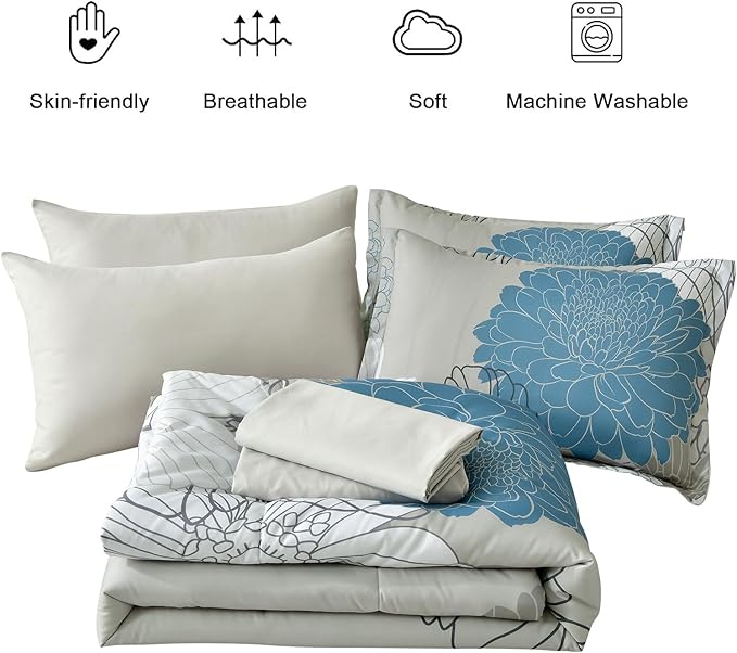 Yiran 7 Pieces Bed in a Bag Blue Floral Comforter Set Queen Size Flowers Comforter Set Soft Microfiber Bedding Set (1 Comforter 1 Flat Sheet 1 Fitted Sheet 2 Pillowshams 2 Pillowcases)