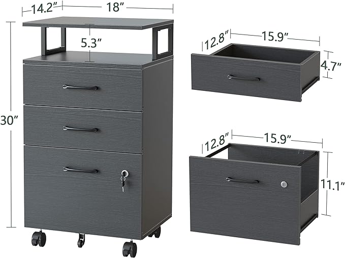 FEZIBO File Cabinet with Lock for Home Office, 3-Drawer Rolling Filing Cabinet, Home Office File Cabinet for A4/Letter/Legal Size, Printer Stand, Wooden Storage Cabinet, Black