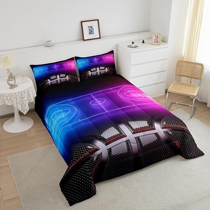 Erosebridal Sports Basketball Comforter Set for Boys Girls Neon Basketball Court Bedding Set King,Kids Ball Competitive Games Comforter Soft Lightweight Quilt Duvet Set 2 Pillow Cases Bedroom Decor