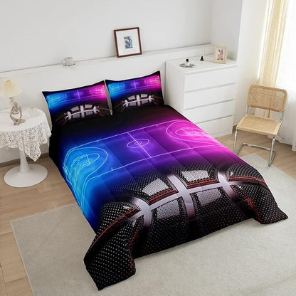 Erosebridal Sports Basketball Comforter Set for Boys Girls Neon Basketball Court Bedding Set Full,Kids Ball Competitive Games Comforter Soft Lightweight Quilt Duvet Set 2 Pillow Cases Bedroom Decor