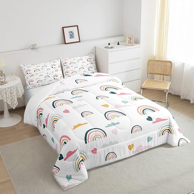 Erosebridal Kids Rainbow Bedding Set, Girly Love Heart Comforter Set Twin Size Cartoon Rainbow Cloud Duvet Sets for Girls Boys Women Bedroom Decor, Soft Microfiber Down Comforter 2 Pieces,Colorful