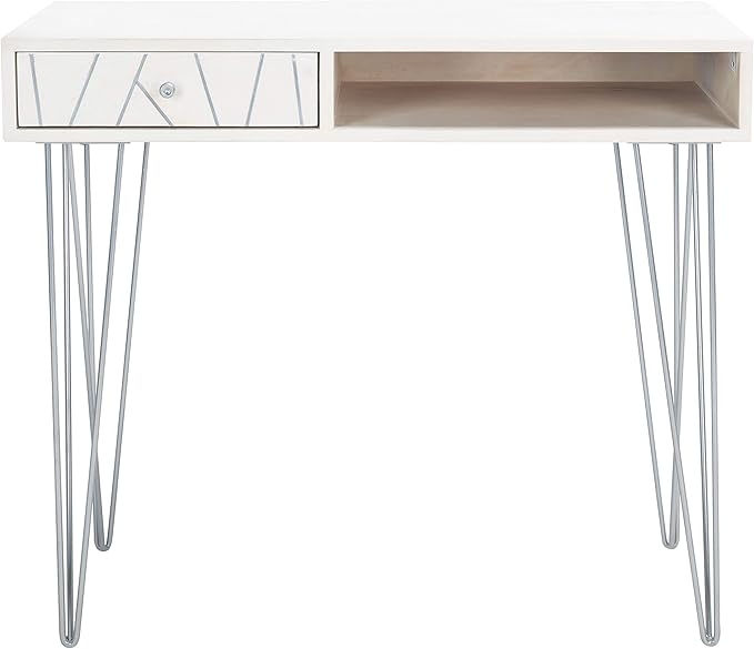 Safavieh Home Office Collection Marigold White Wash and Silver 1-Drawer Hairpin Leg Desk, 0