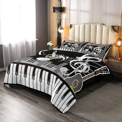 Erosebridal Paino Keys Bedding Set Twin Size Musical Notes Comforter Set Guitar Rock Music Bedding Comforter for Kids Boys Teens Men Retro Black White Grey Down Comforter Bedroom Decor 2 Piece