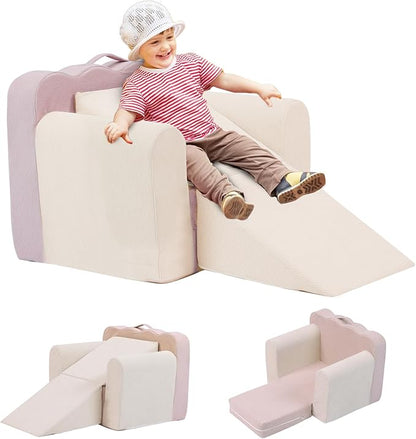 3-in-1 Toddler Chair Comfy Kids Sofa Chair,Toddler Couch Fold Out with Folding Ottomans,Foldable Baby Couch for Girls and Boys,Convertible Kids Chair Cozy to Lounger Pull Out for Playroom,Beige Pink