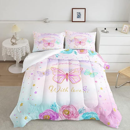 CVHOUSE Butterfly Bedding Set,Butterfly Comforter King,Butterfly Comforter Set for Girls Kids Teens,Butterflies Quilt Set with 1 Comforter and 2 Pillow Cases- 3 Piece